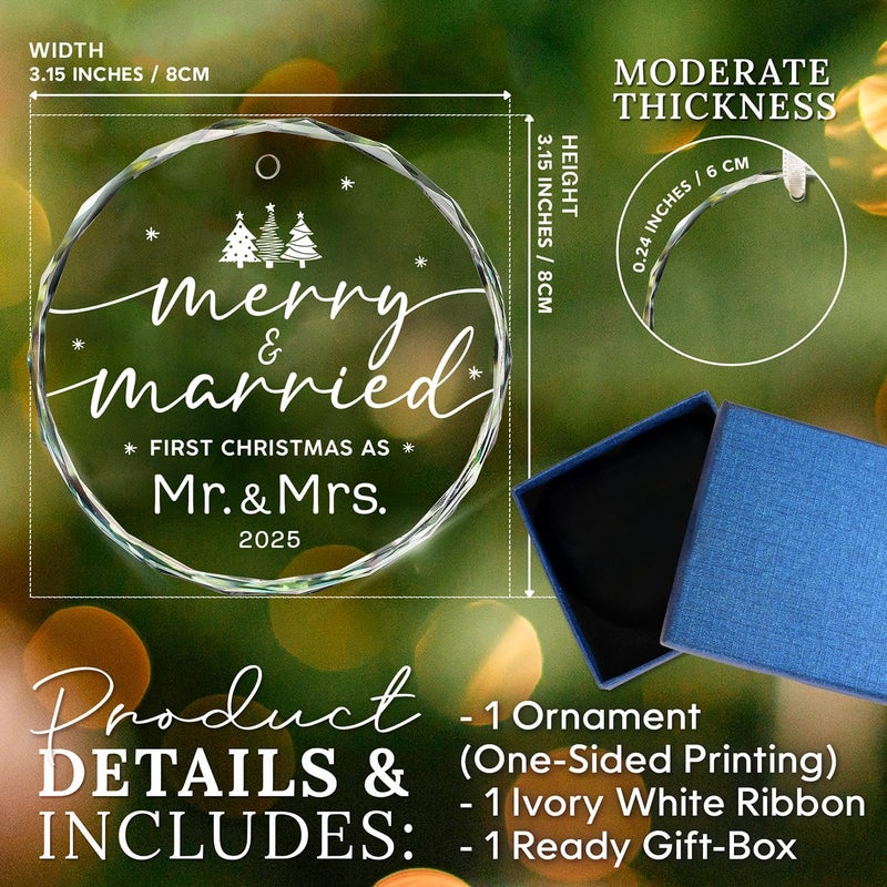 HEXMOZ Wedding Gifts for Couples 2025 - First Christmas Married Glass Ornament, Mr and Mrs Gifts, Wedding Ideas for Newly Wed, Just Married Couple, Bride - Bridal Shower Gift 1st Christmas Merry Decor - Image 3